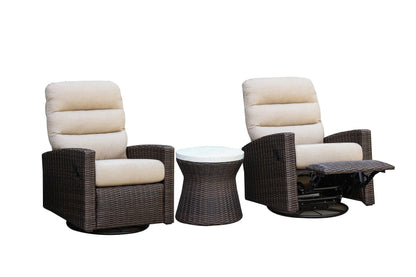 Monterey Espresso Wicker Outdoor 2PC Swivel Glider Recliner in Dune and Side Table | Outdoor Bistro Set