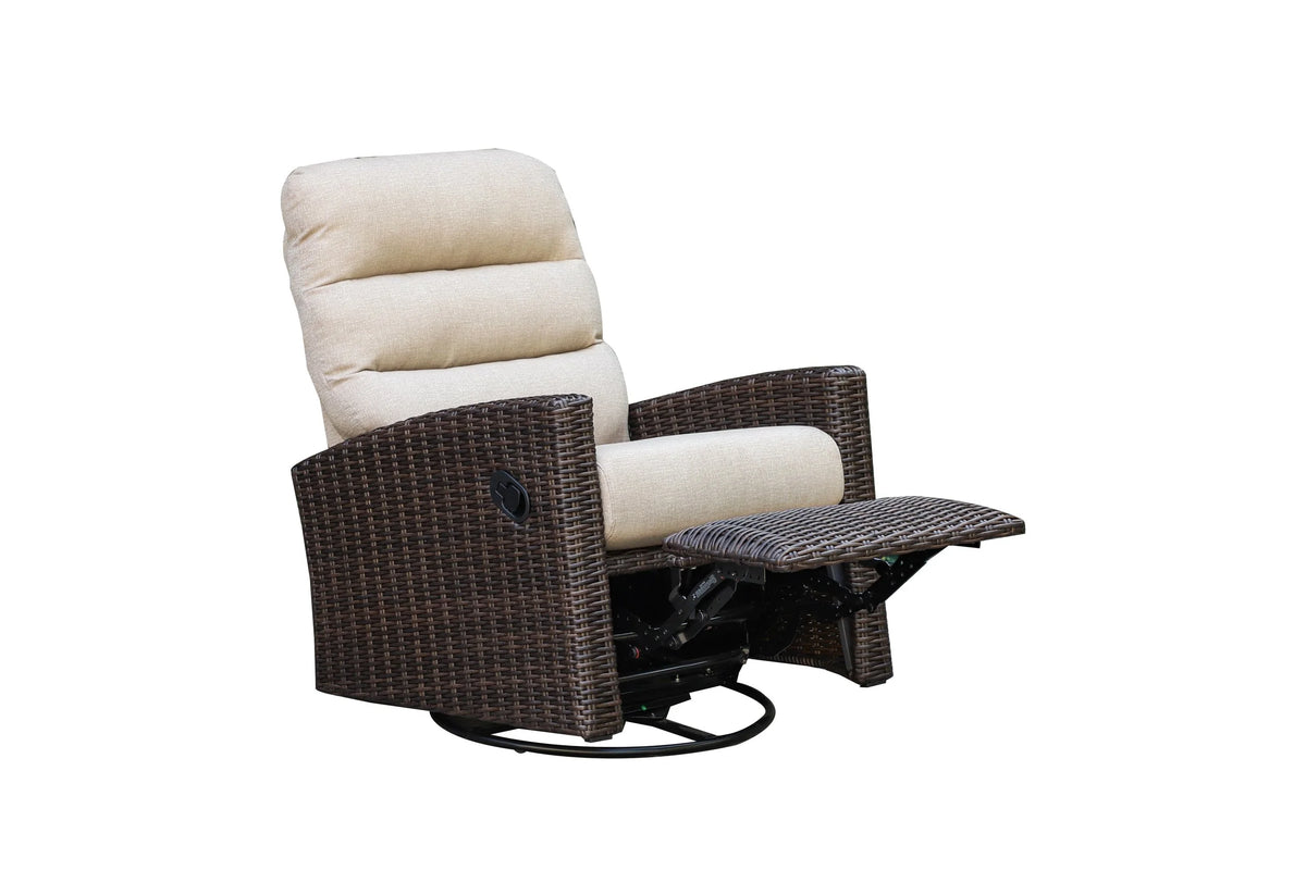 Monterey Espresso Wicker Outdoor 2PC Swivel Glider Recliner in Dune and Side Table | Outdoor Bistro Set