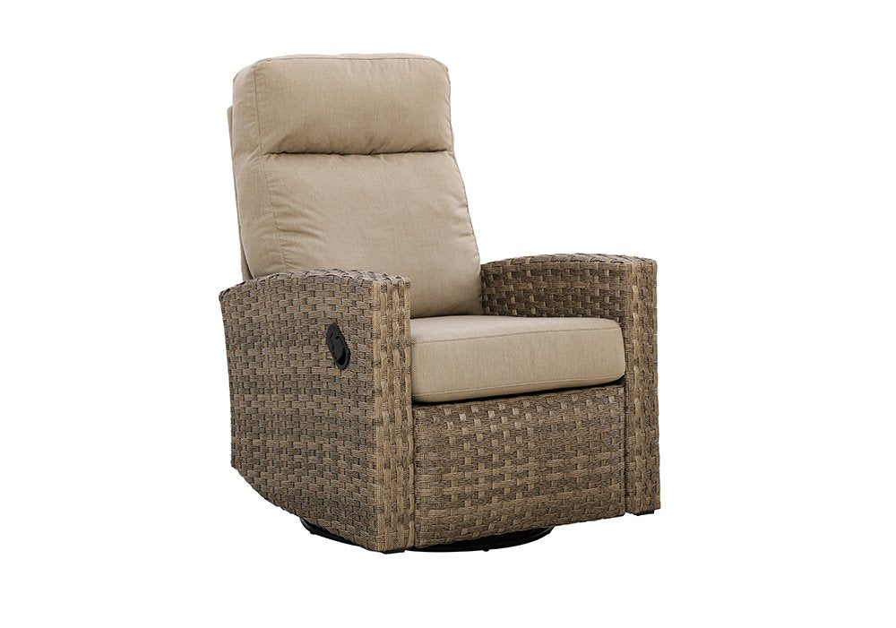 Newport Outdoor Wicker Reclining Loveseat Conversation Set with a pair of Recliners in Sunbrella® Spectrum Mushroom | Outdoor Set