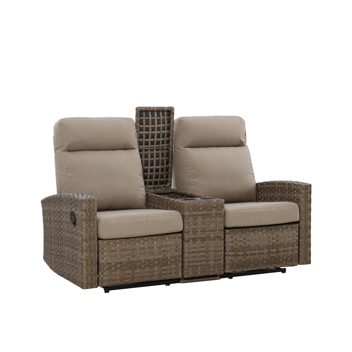 Newport Outdoor Wicker Reclining Console Loveseat Conversation Set with a pair of Recliners in Sunbrella® Spectrum Mushroom | Outdoor Set