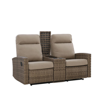 Newport Outdoor Wicker Reclining Console Loveseat Conversation Set with a pair of Recliners in Sunbrella® Spectrum Mushroom | Outdoor Set