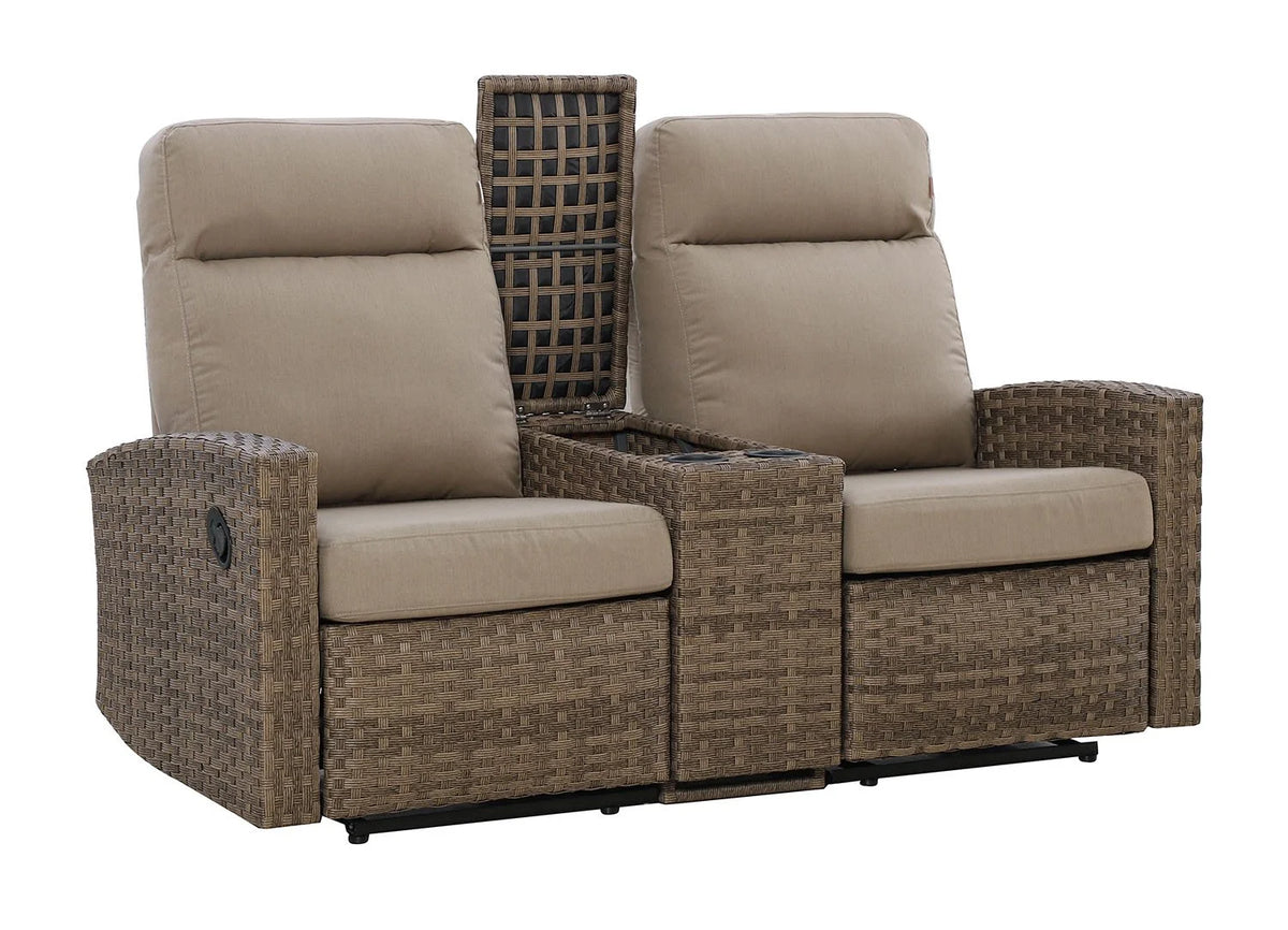 Newport Outdoor Wicker Reclining Loveseat Sofa with Console in Sunbrella® Spectrum Mushroom