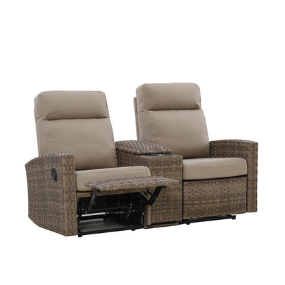 Newport Outdoor Wicker Reclining Console Loveseat Conversation Set with a pair of Recliners in Sunbrella® Spectrum Mushroom | Outdoor Set