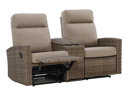 Newport Outdoor Wicker Reclining Loveseat Sofa with Console in Sunbrella® Spectrum Mushroom