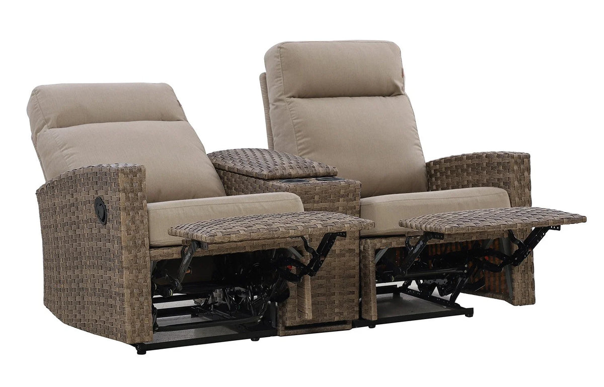 Newport Outdoor Wicker Reclining Loveseat Sofa with Console in Sunbrella® Spectrum Mushroom