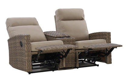 Newport Outdoor Wicker Reclining Loveseat Sofa with Console in Sunbrella® Spectrum Mushroom