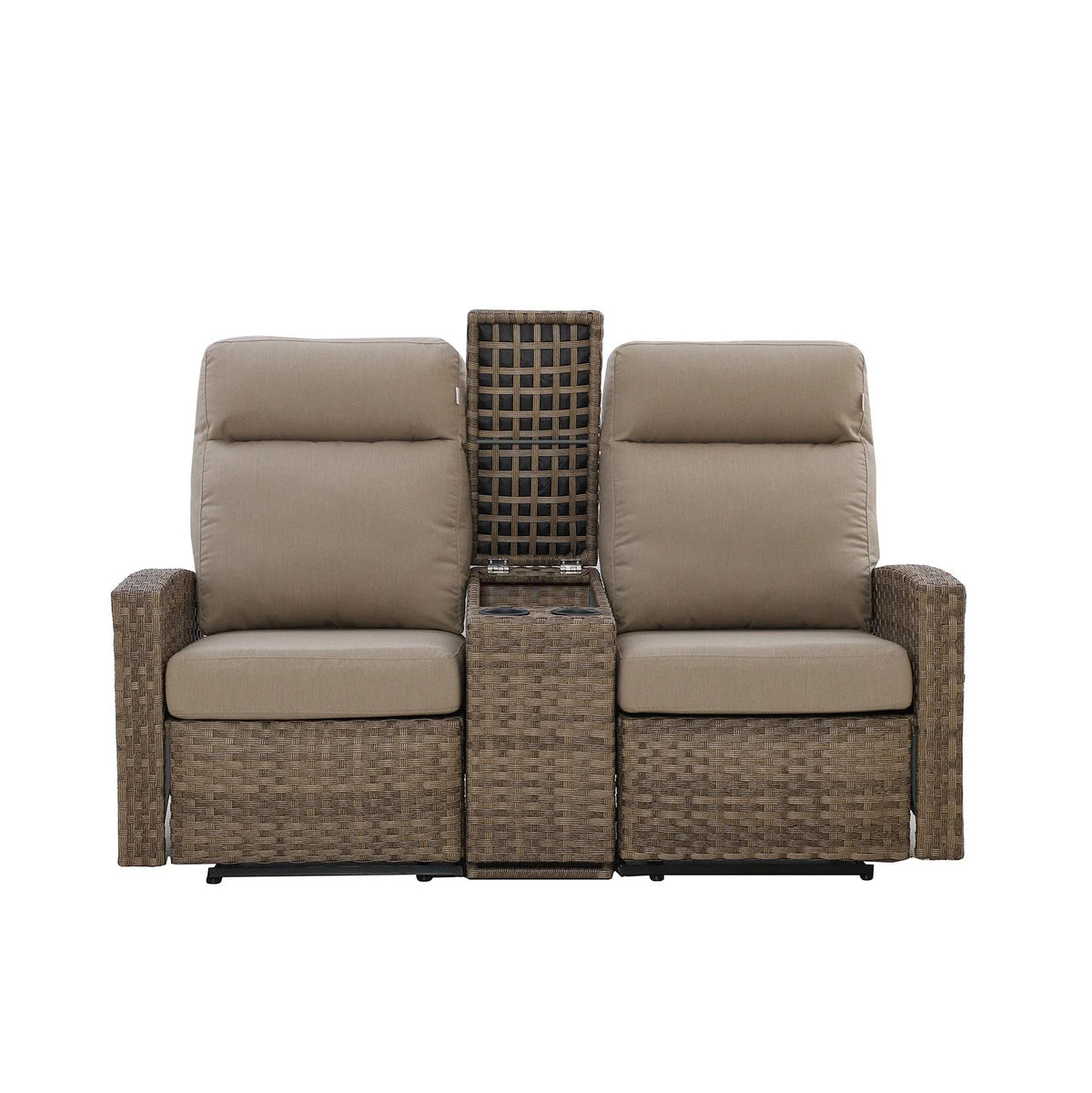 Newport Outdoor Wicker Reclining Console Loveseat Conversation Set with a pair of Recliners in Sunbrella® Spectrum Mushroom | Outdoor Set