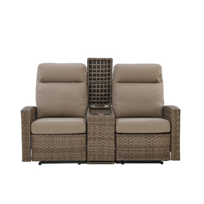 Newport Outdoor Wicker Reclining Console Loveseat Conversation Set with a pair of Recliners in Sunbrella® Spectrum Mushroom | Outdoor Set
