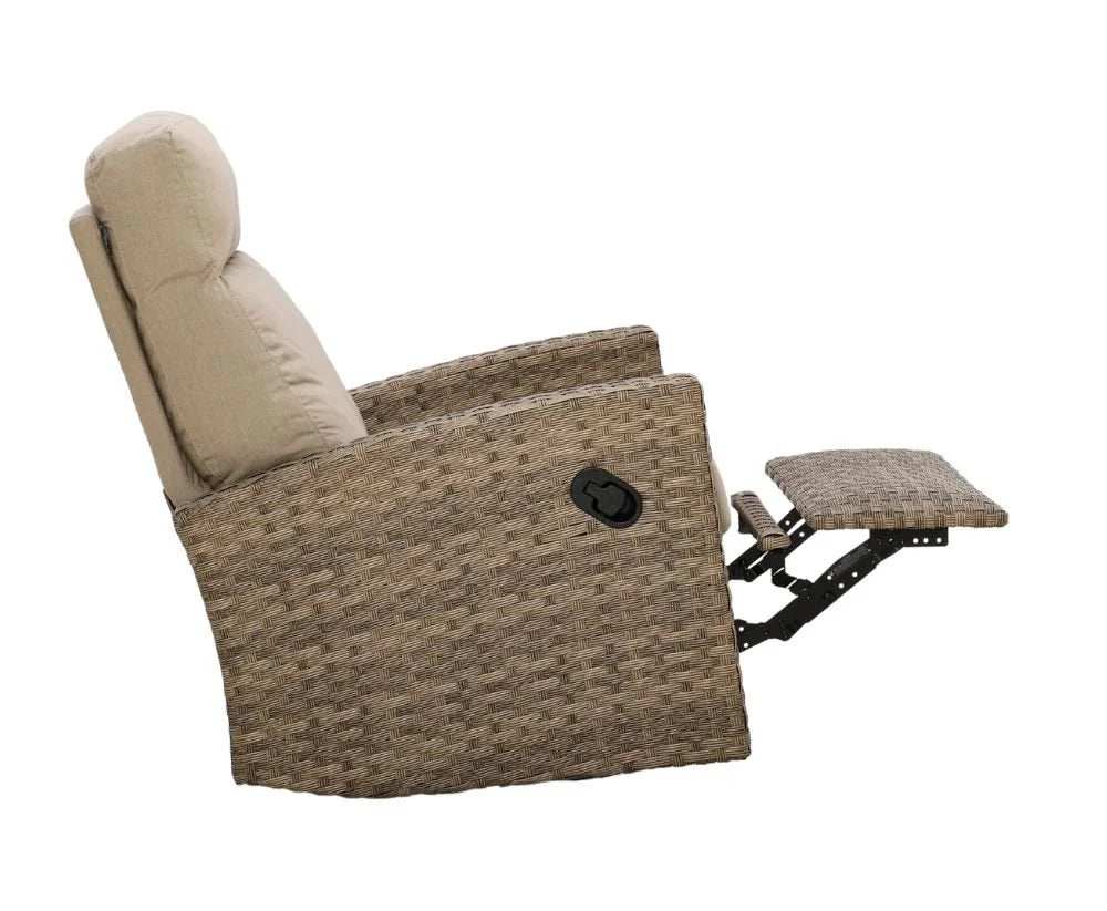 Newport Outdoor Wicker Reclining Console Loveseat Conversation Set with a pair of Recliners in Sunbrella® Spectrum Mushroom | Outdoor Set