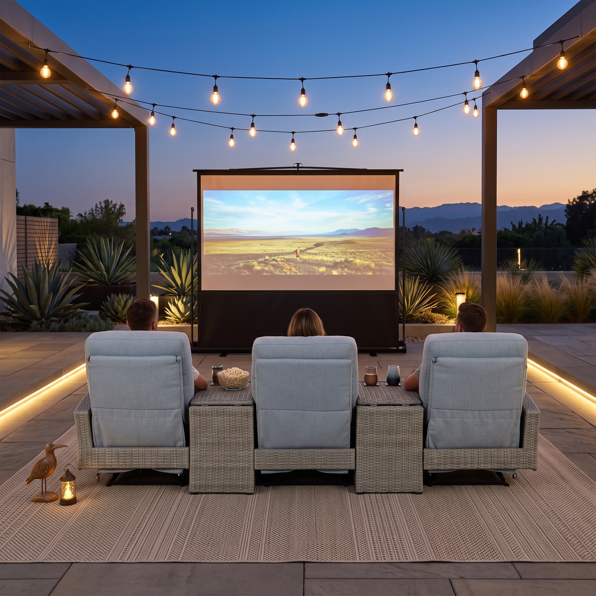 Avalon Outdoor Wicker Theater Reclining Sofa with Consoles | Outdoor Theater Seating