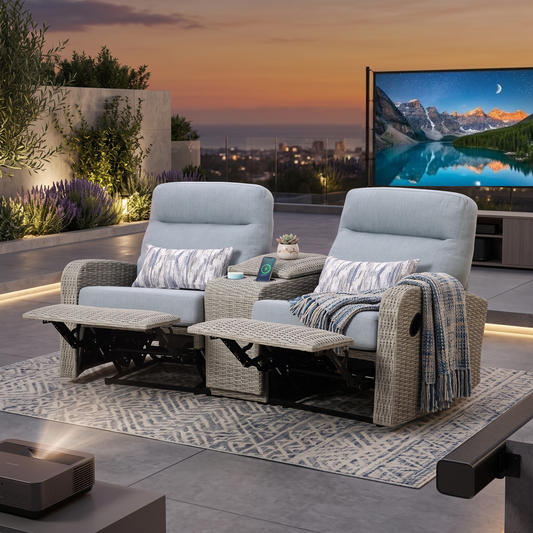 Avalon Outdoor Wicker Theater Reclining Loveseat Sofa with Console | Outdoor Theater Seating