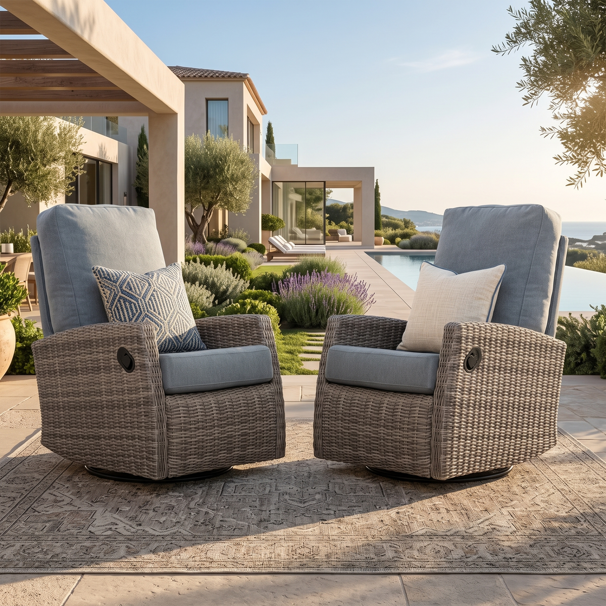 Pair of Keywest Wicker Outdoor Swivel Glider Recliner  | Patio Lounge Chair x 2