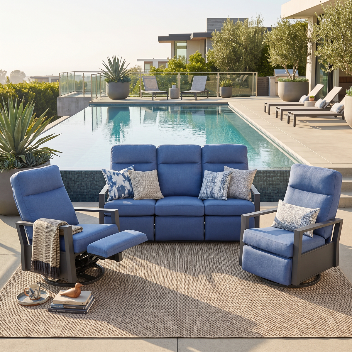 Shoreline 5-Seat Patio Aluminum Reclining Sofa Conversation Set with Pair of Recliners | Outdoor Set
