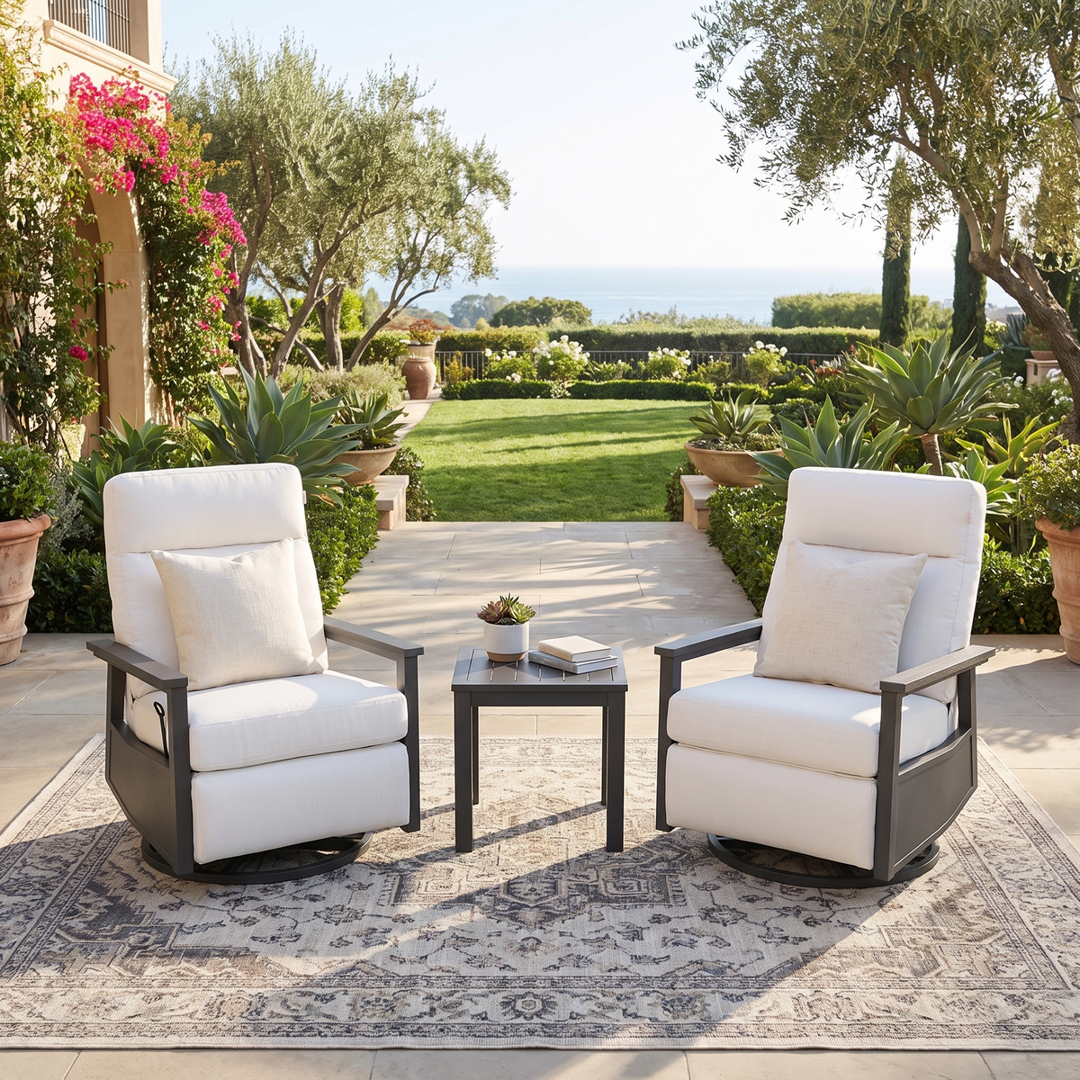 Huntington Aluminum Outdoor 2PC Swivel Glider Recliners and Side Table in Sunbrella® Canvas Canvas | Outdoor Bistro Set