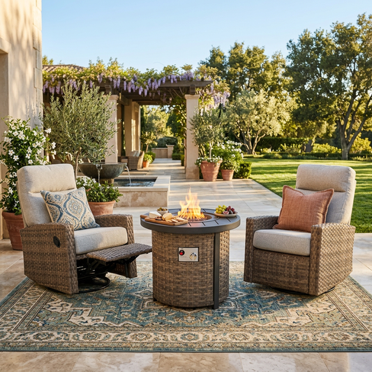 Newport Outdoor Firepit Bistro Set | 2PC Wicker Swivel Glider Recliner with Firepit Table