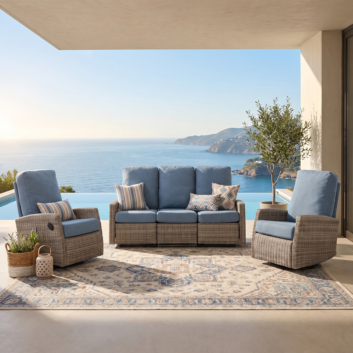 Keywest Outdoor Wicker Reclining Sofa Conversation Set- Dove Grey & Carolina Blue