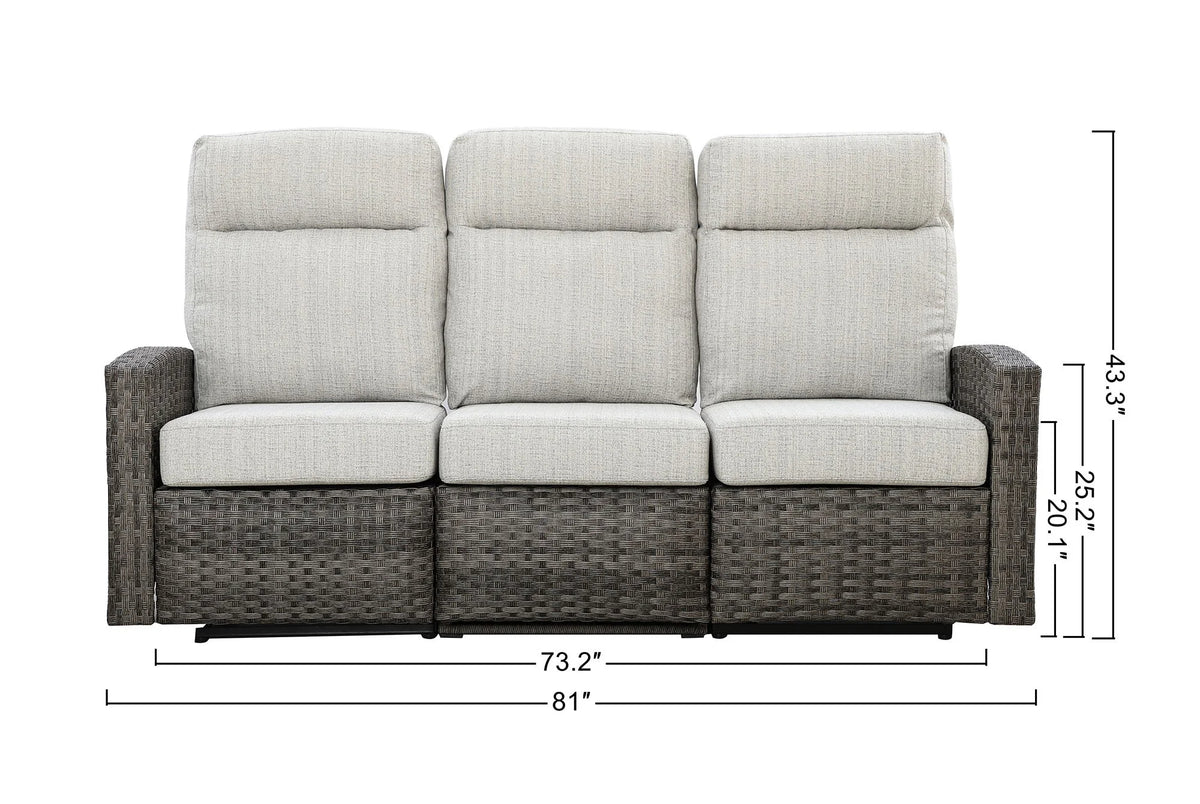 Malibu II Three-Seat Outdoor Wicker Reclining Sofa in Sunbrella® Canvas Taupe — Outdoor Nook USA - size