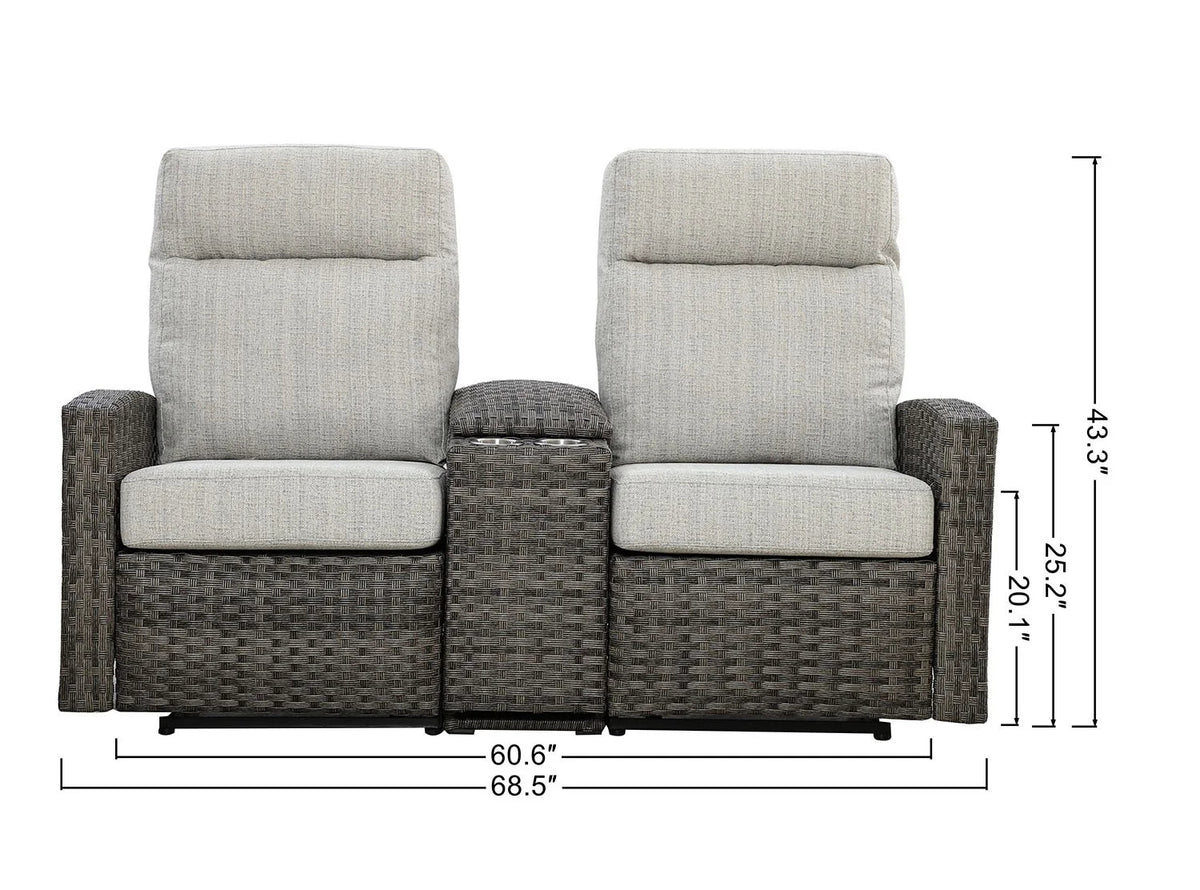 Malibu II Outdoor Wicker Reclining Loveseat Sofa with Console in Sunbrella® Canvas Taupe — Outdoor N - size