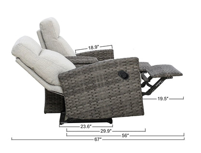 Malibu II Outdoor Wicker Reclining Console Loveseat Conversation Set with Recliners in Sunbrella — O - size